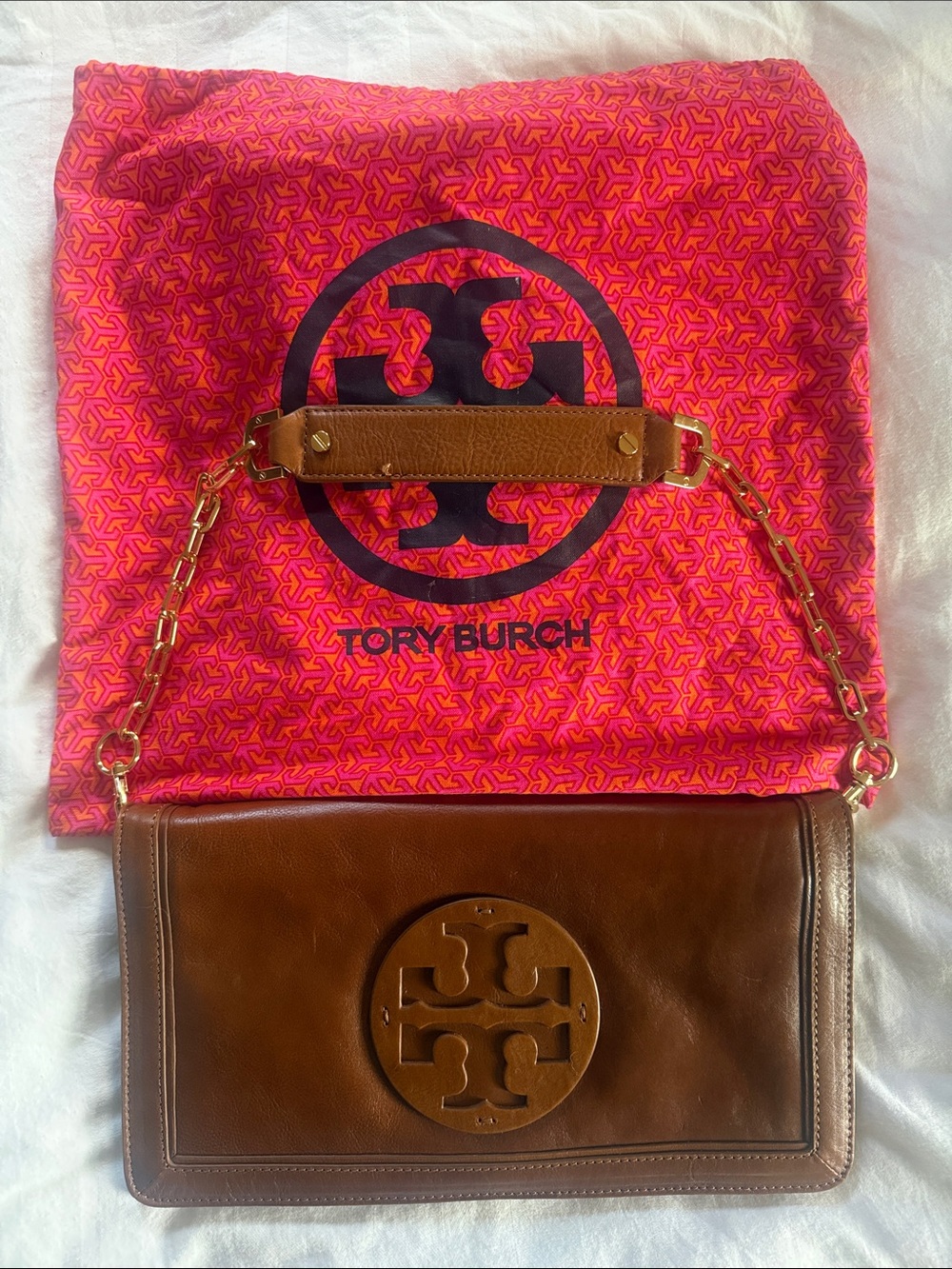 Tory Burch Brown Leather Logo Clutch with Gold Chain